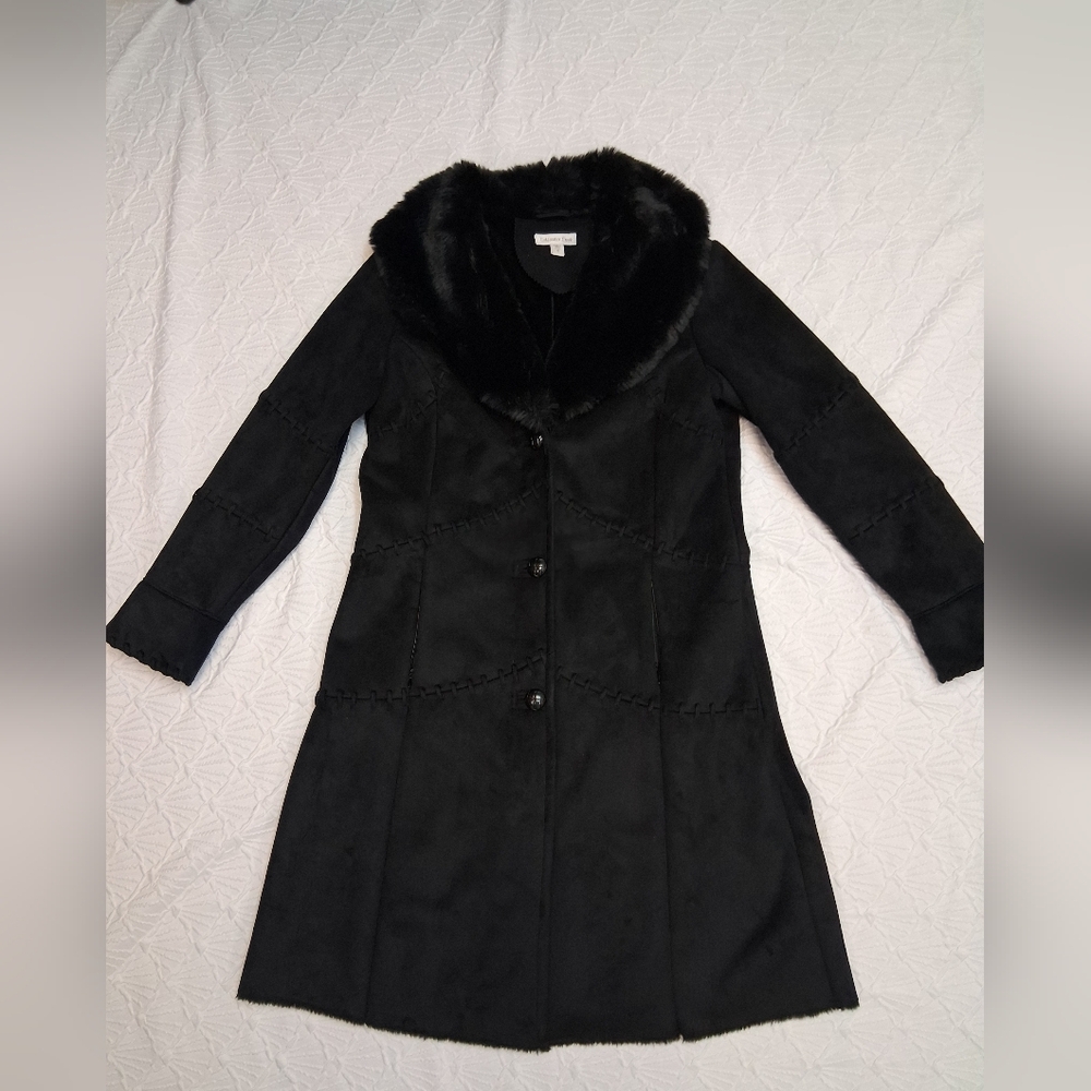 Coldwater Creek Elegant Black Trench Coat with Plush Collar - Picture 5 of 16